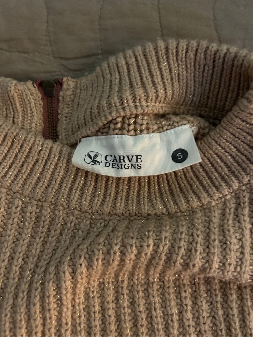Carve Designs Women's Scoop Neck Sweater in tan with Metallic Thread